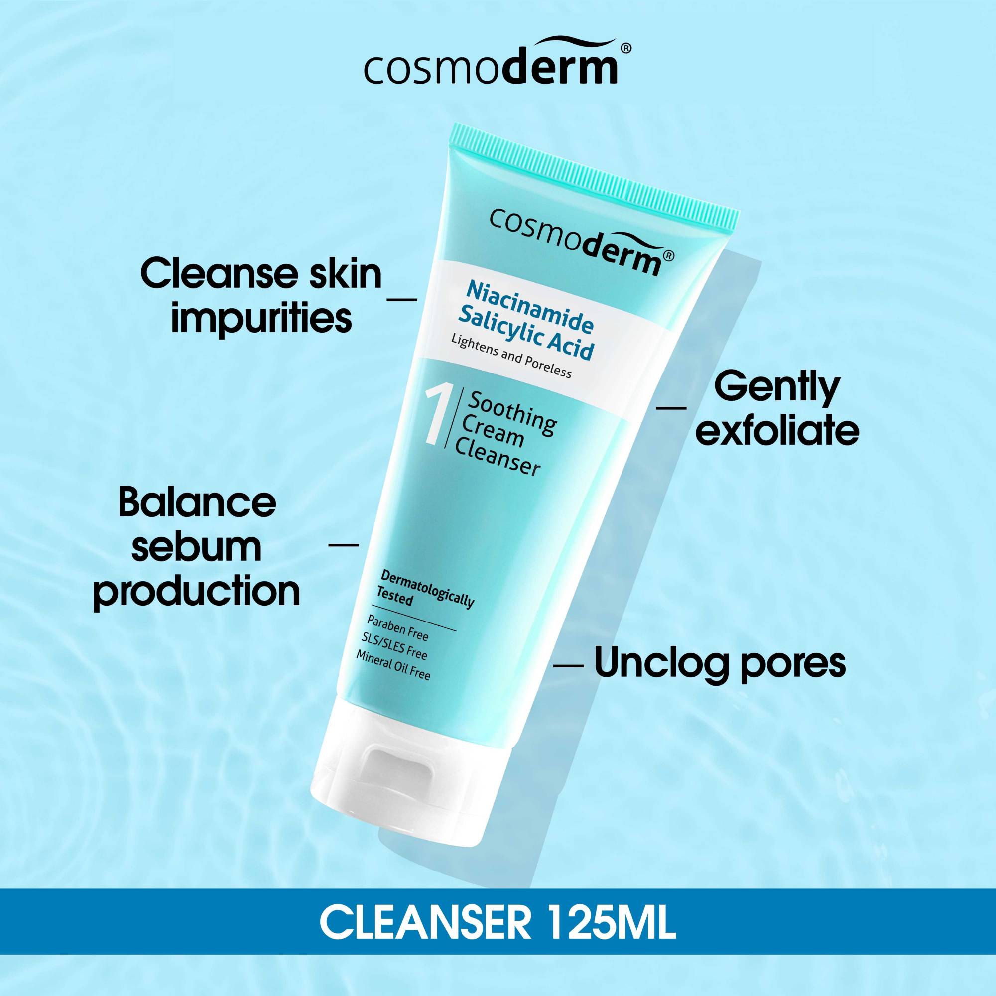 Cosmoderm Niacinamide Salicylic Acid Soothing Cream Cleanser 125ml